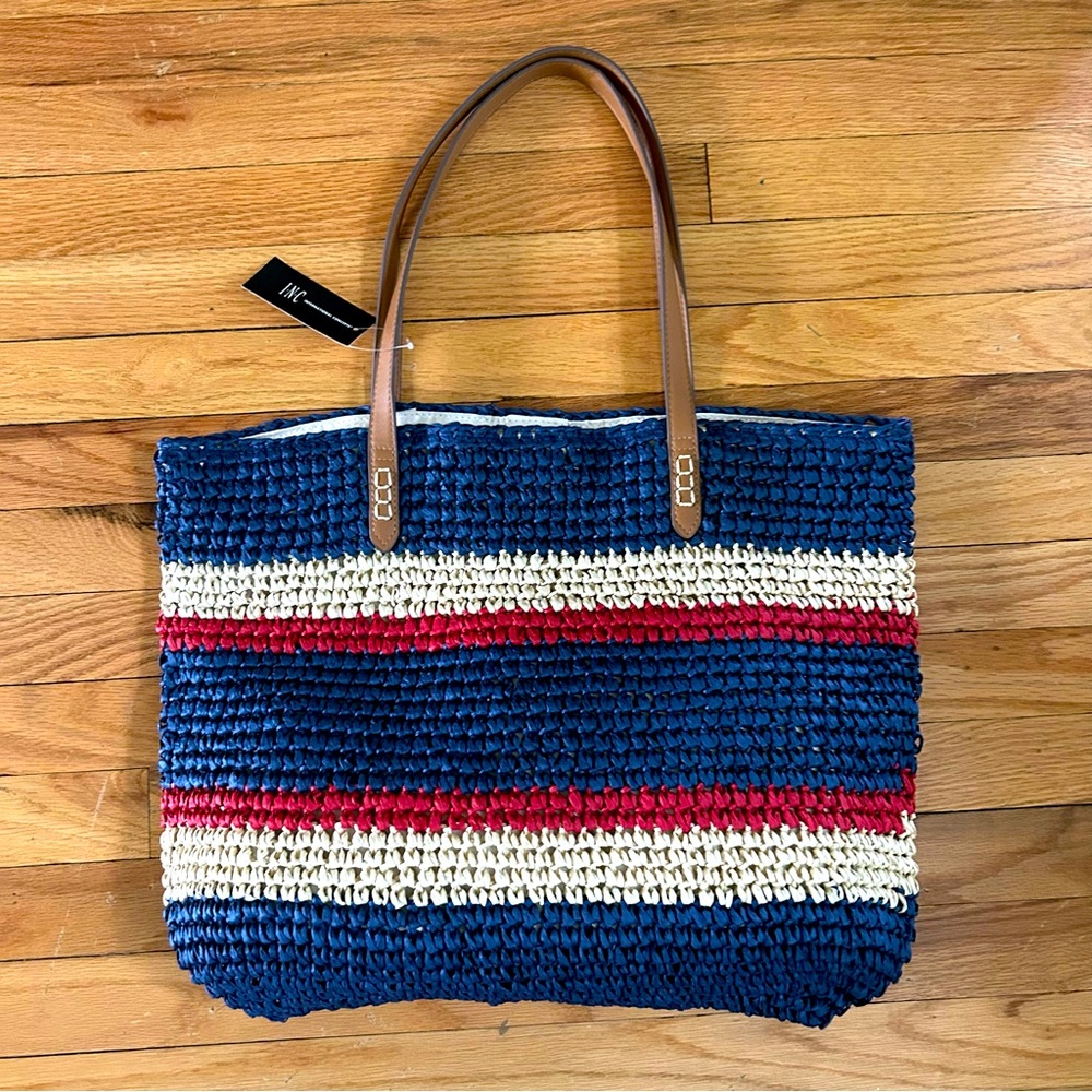 INC International Concepts Navy Blue, Red & Cream Woven Tote